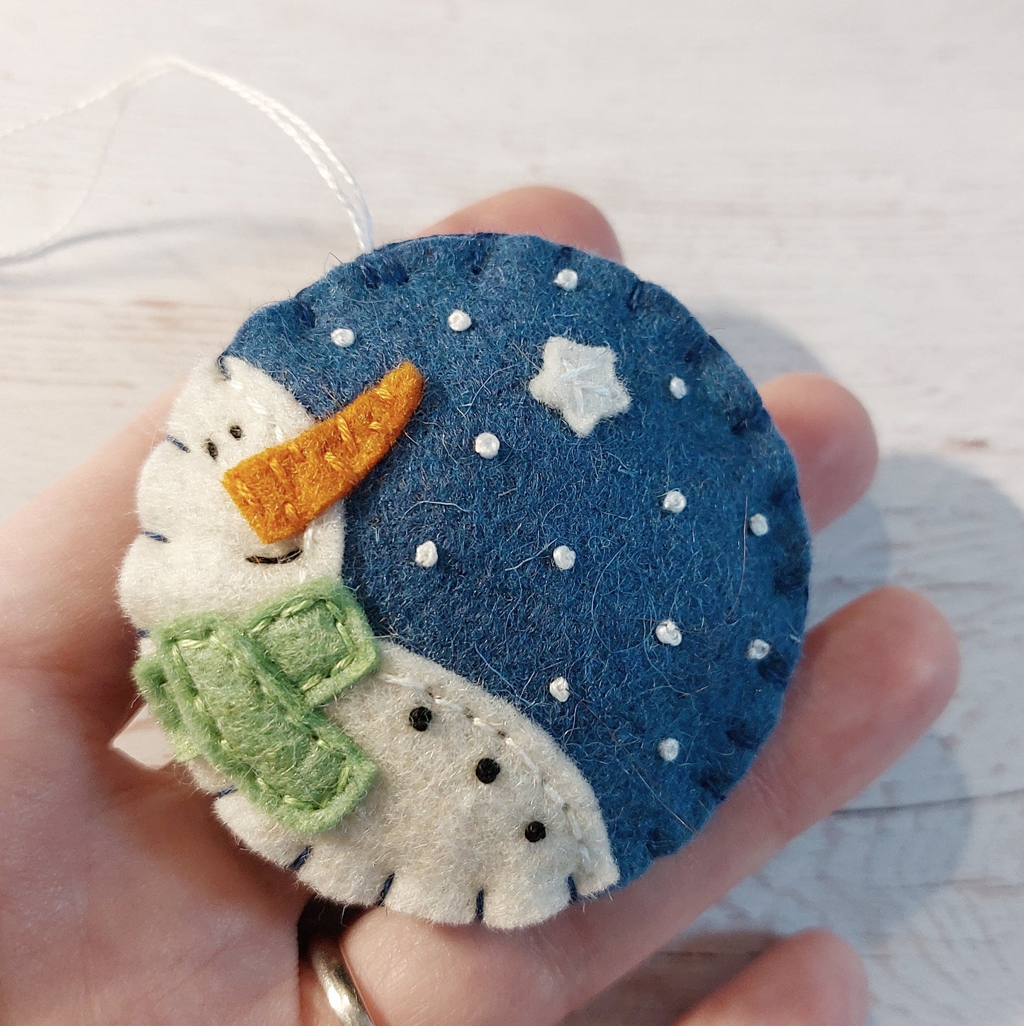 Blue bauble ornament with snowman, felt decoration