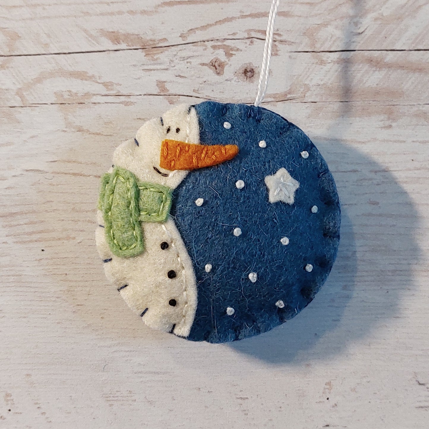 Blue bauble ornament with snowman, felt decoration