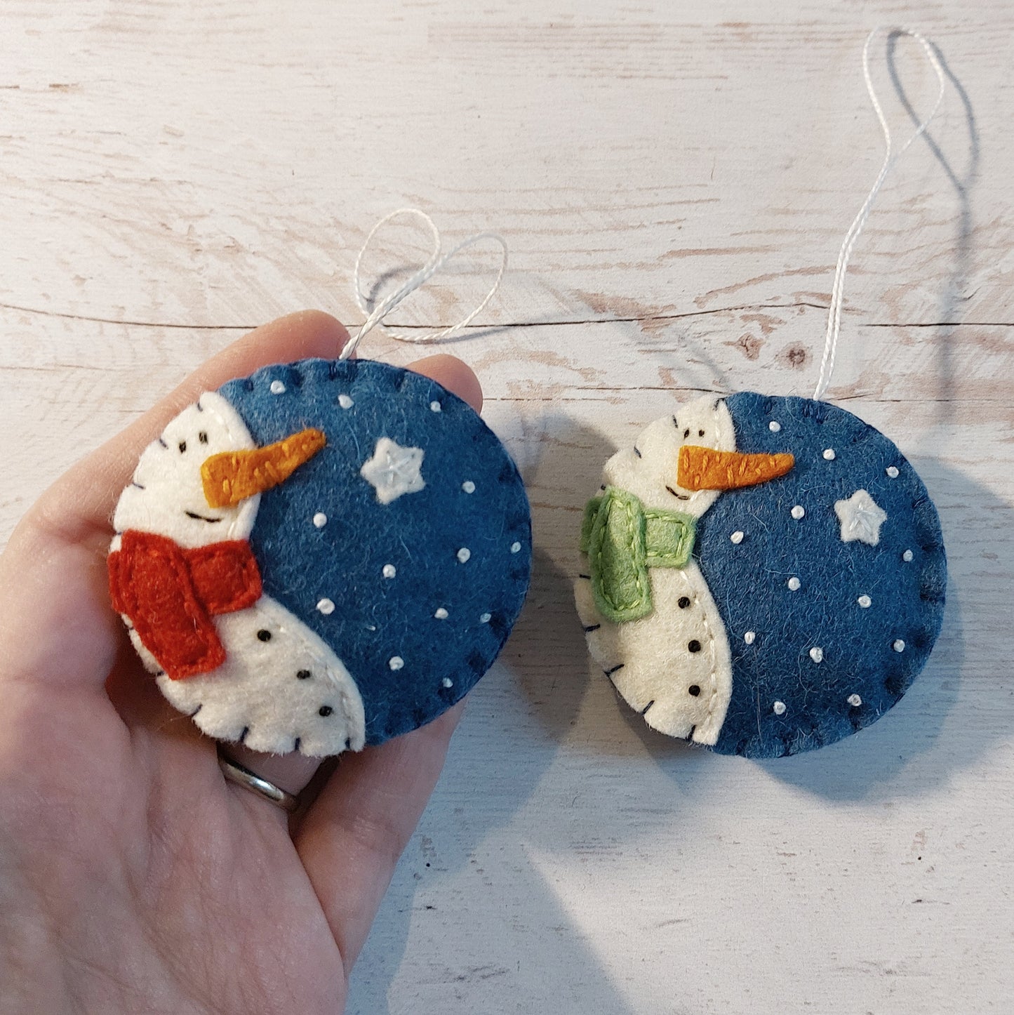 Blue bauble ornament with snowman, felt decoration