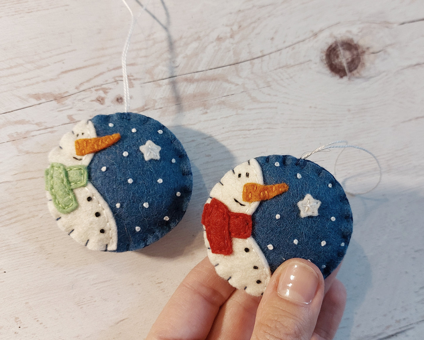 Blue bauble ornament with snowman, felt decoration