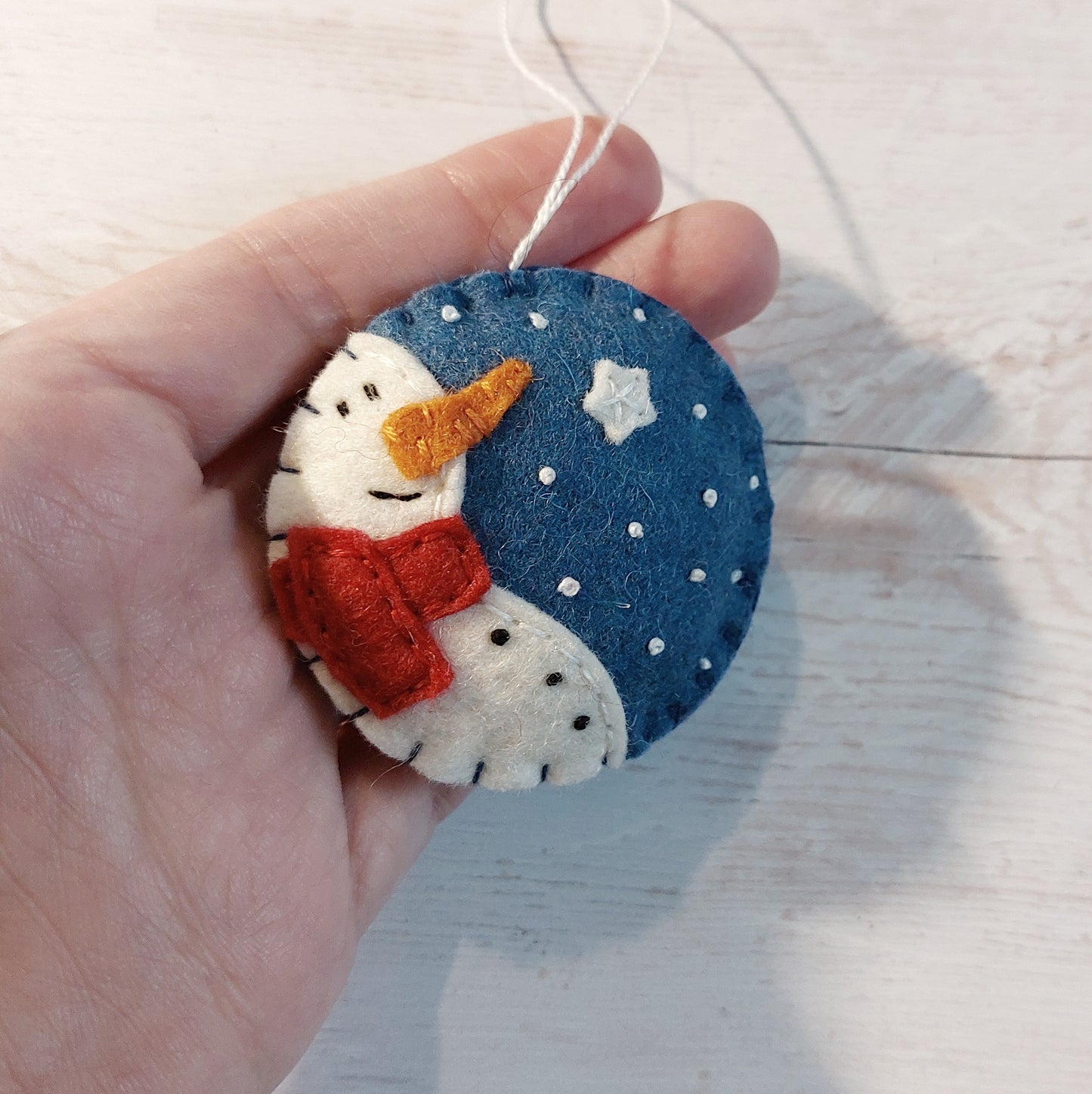 Blue bauble ornament with snowman, felt decoration