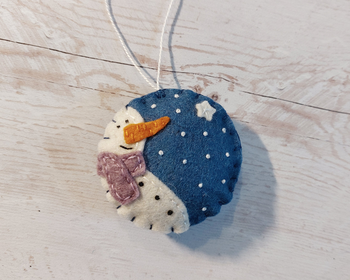 Blue bauble ornament with snowman, felt decoration