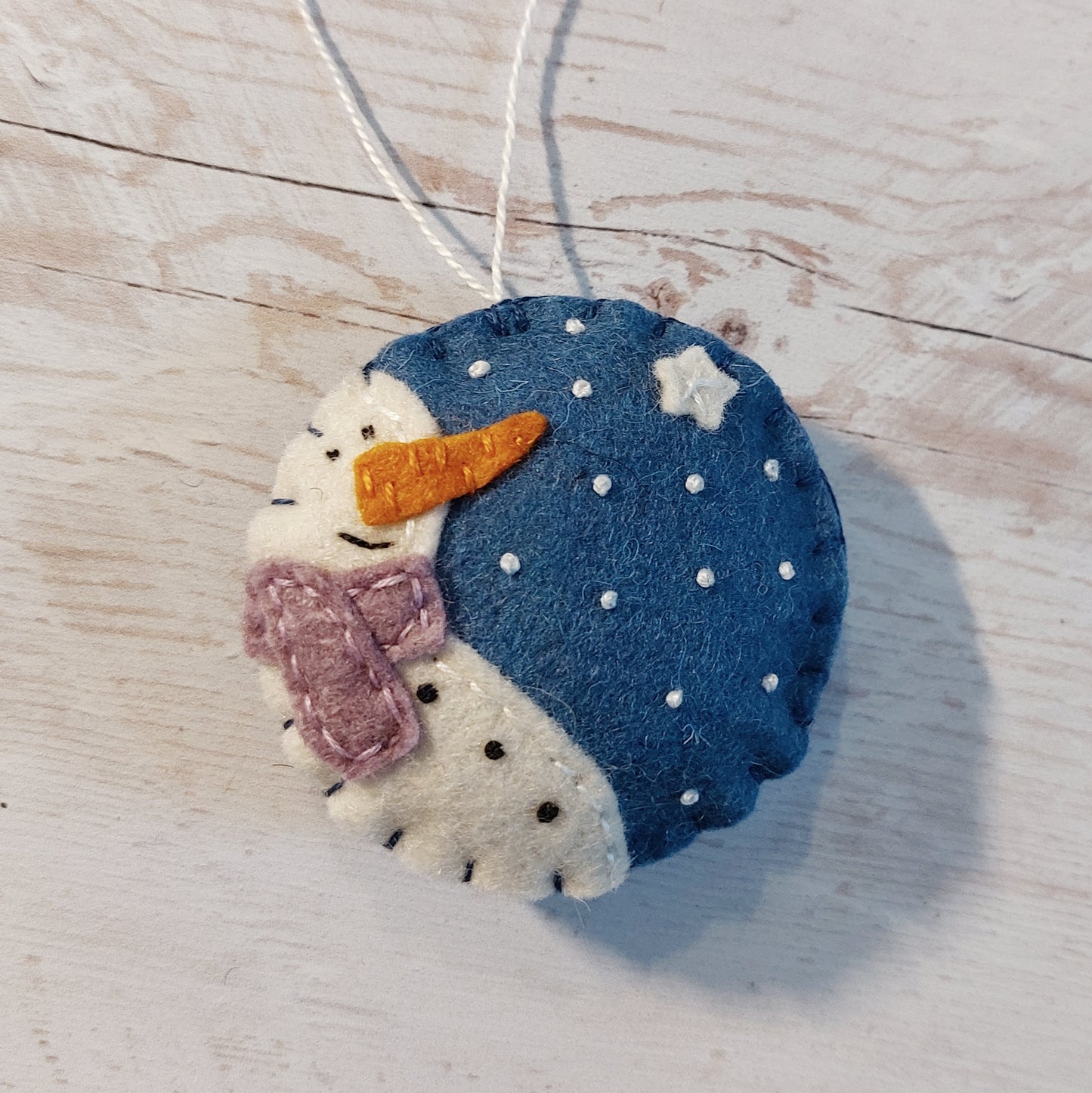 Blue bauble ornament with snowman, felt decoration