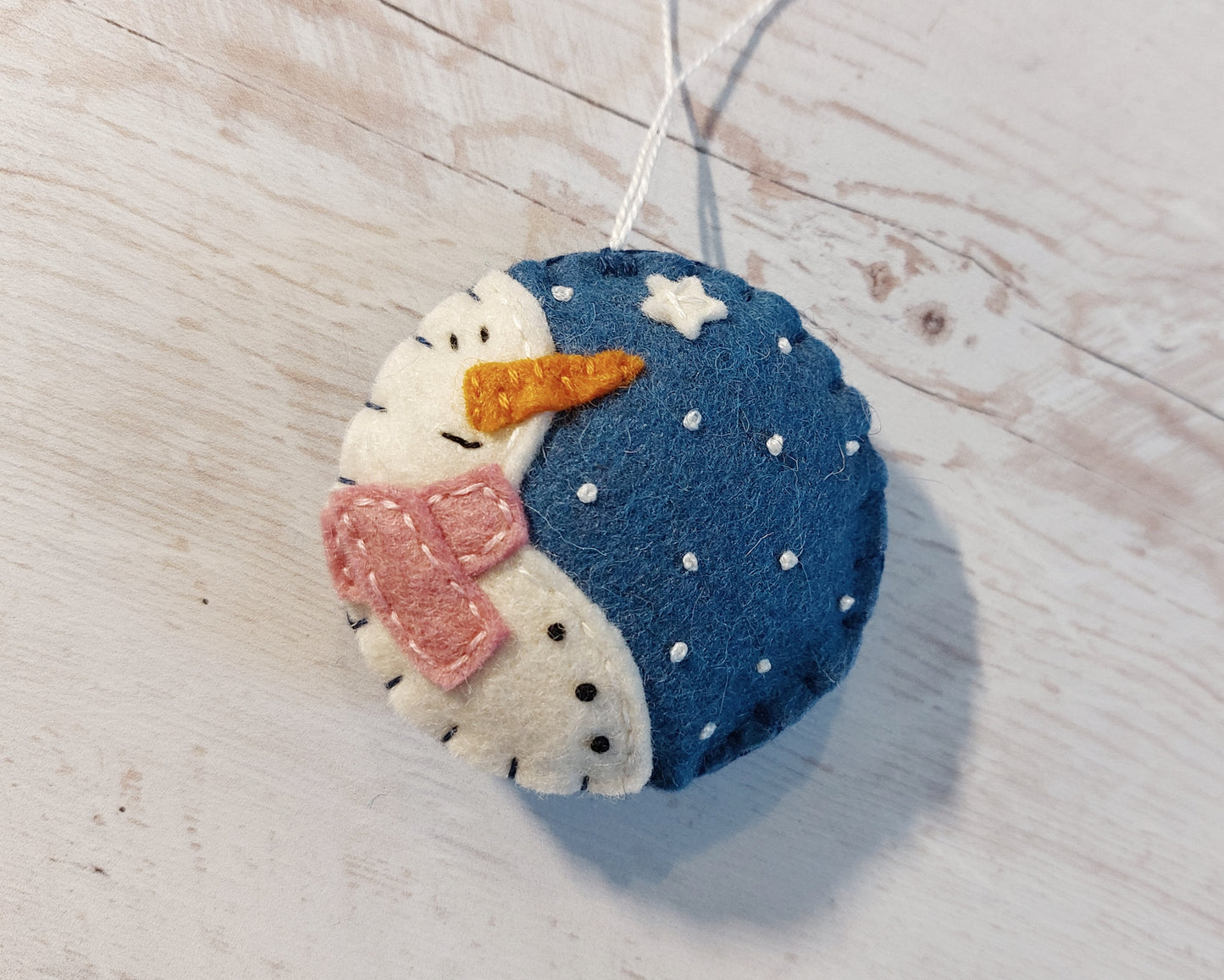 Blue bauble ornament with snowman, felt decoration