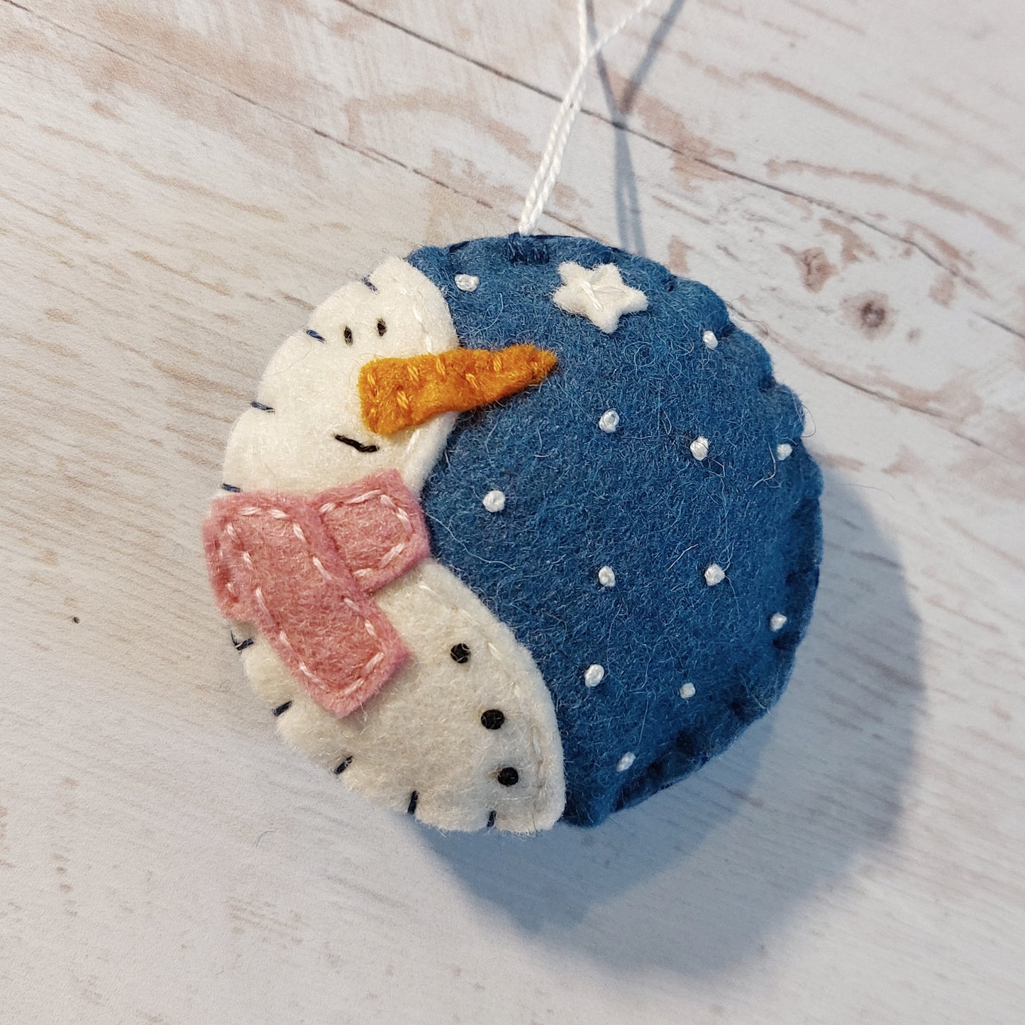 Blue bauble ornament with snowman, felt decoration