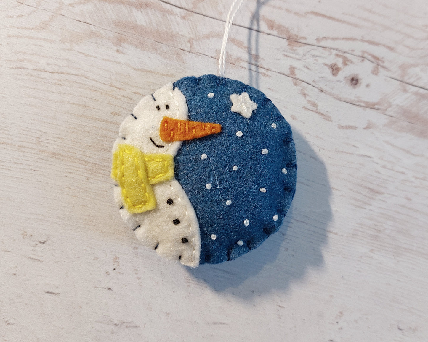 Blue bauble ornament with snowman, felt decoration
