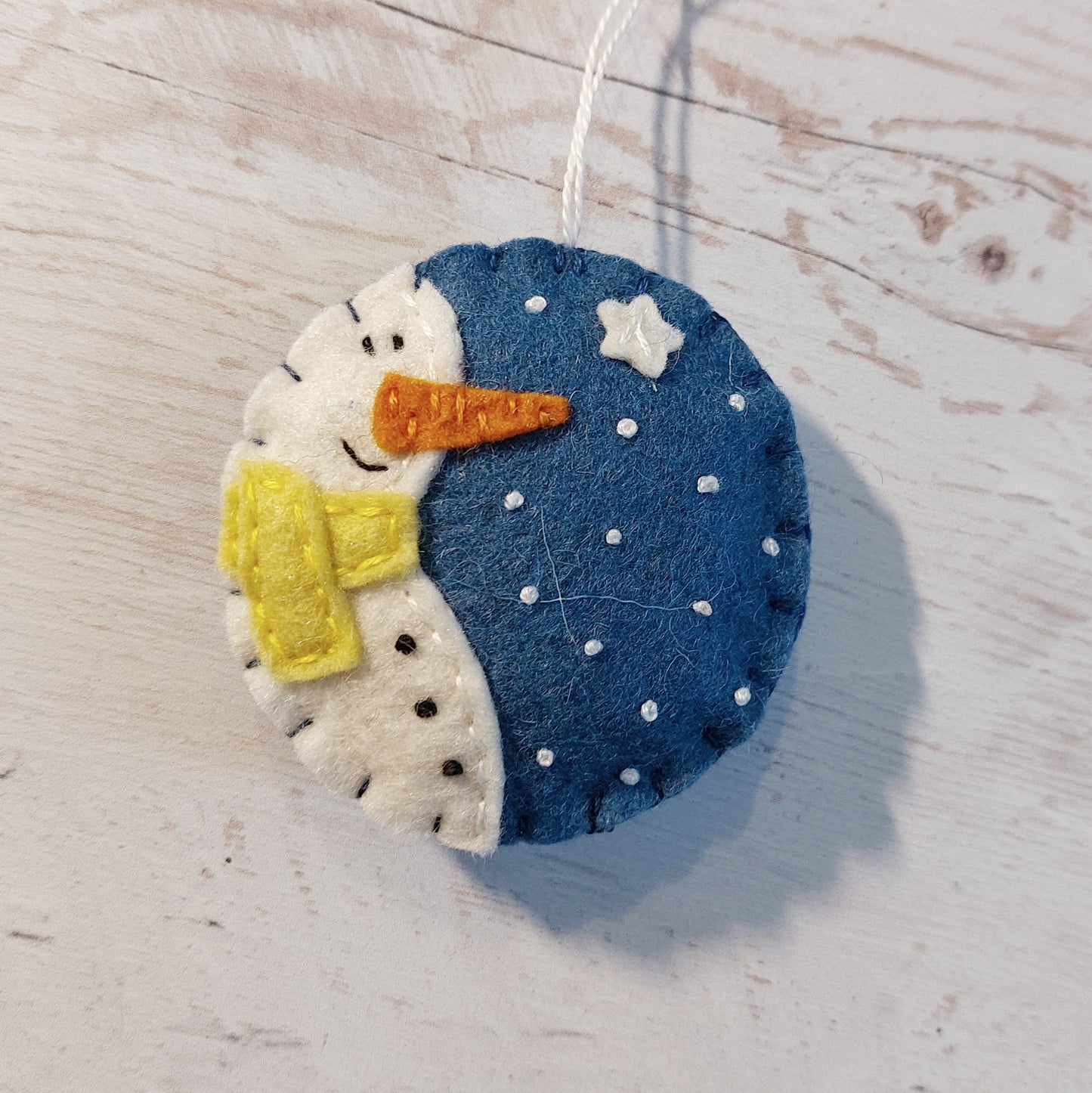 Blue bauble ornament with snowman, felt decoration