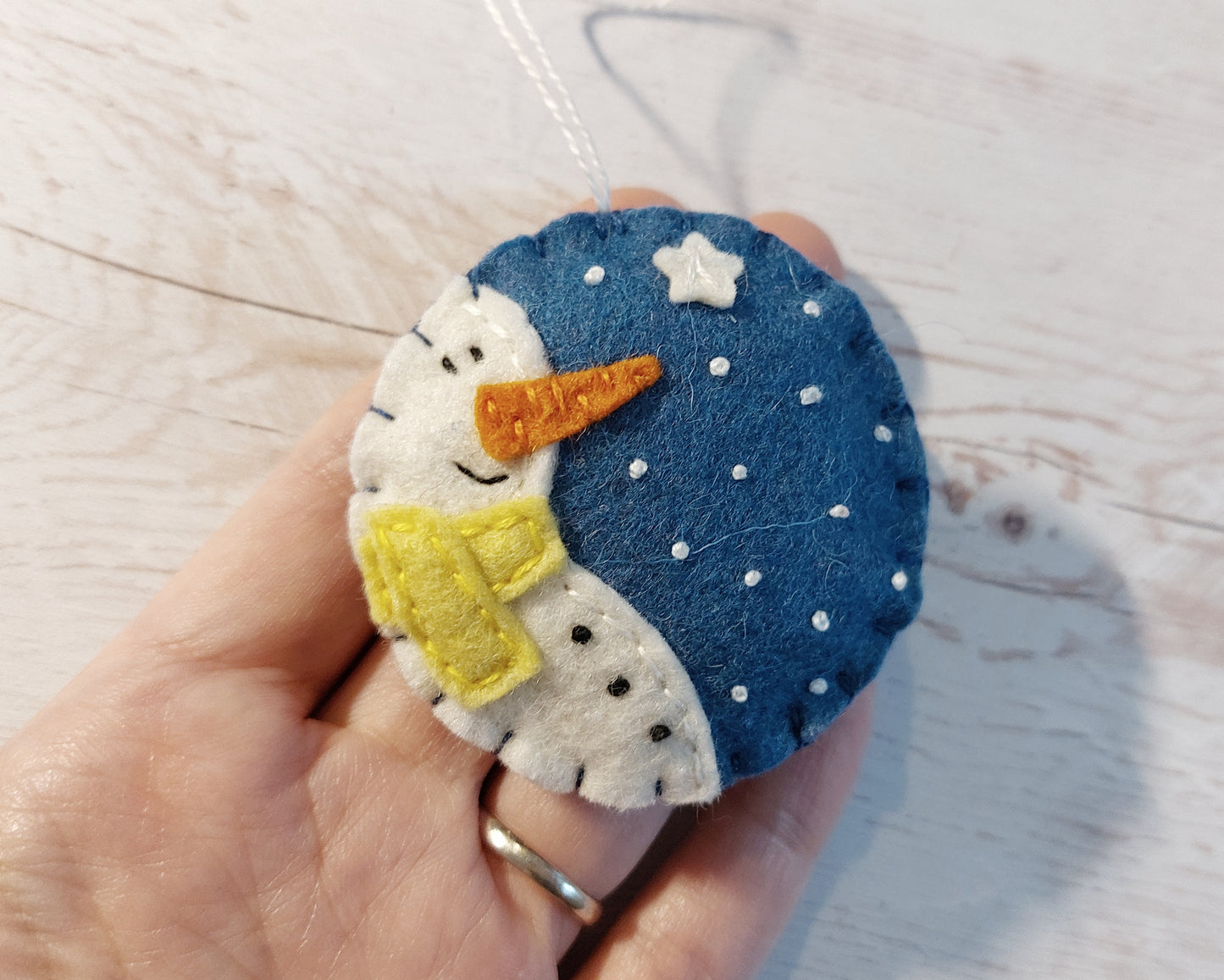 Blue bauble ornament with snowman, felt decoration