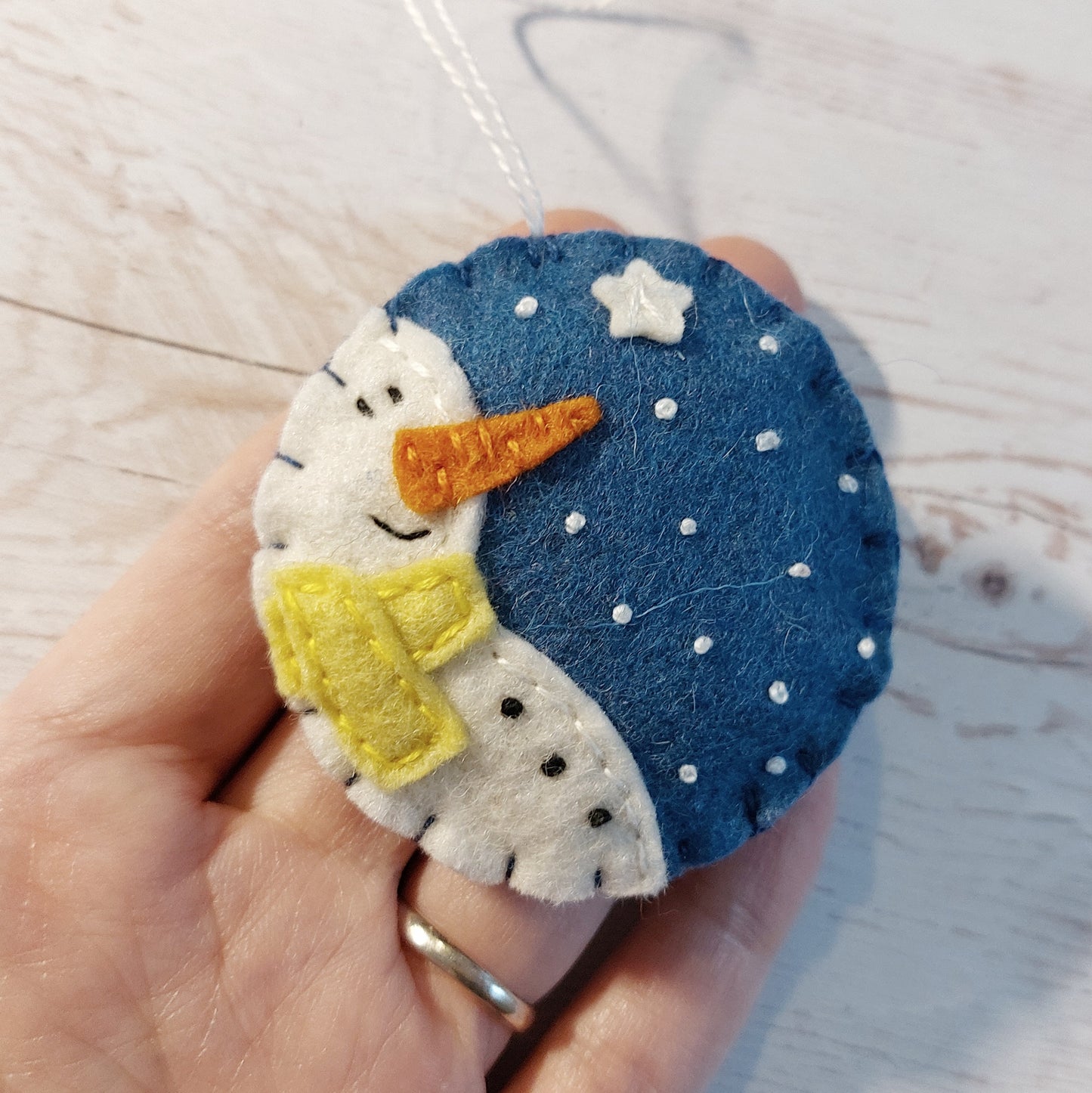 Blue bauble ornament with snowman, felt decoration