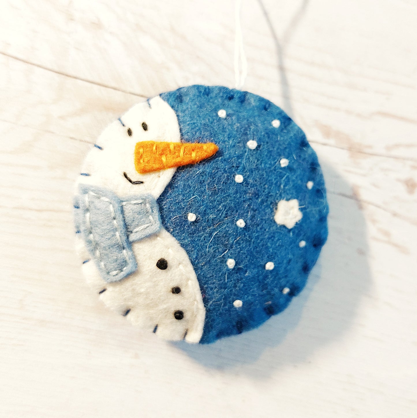 Blue bauble ornament with snowman, felt decoration