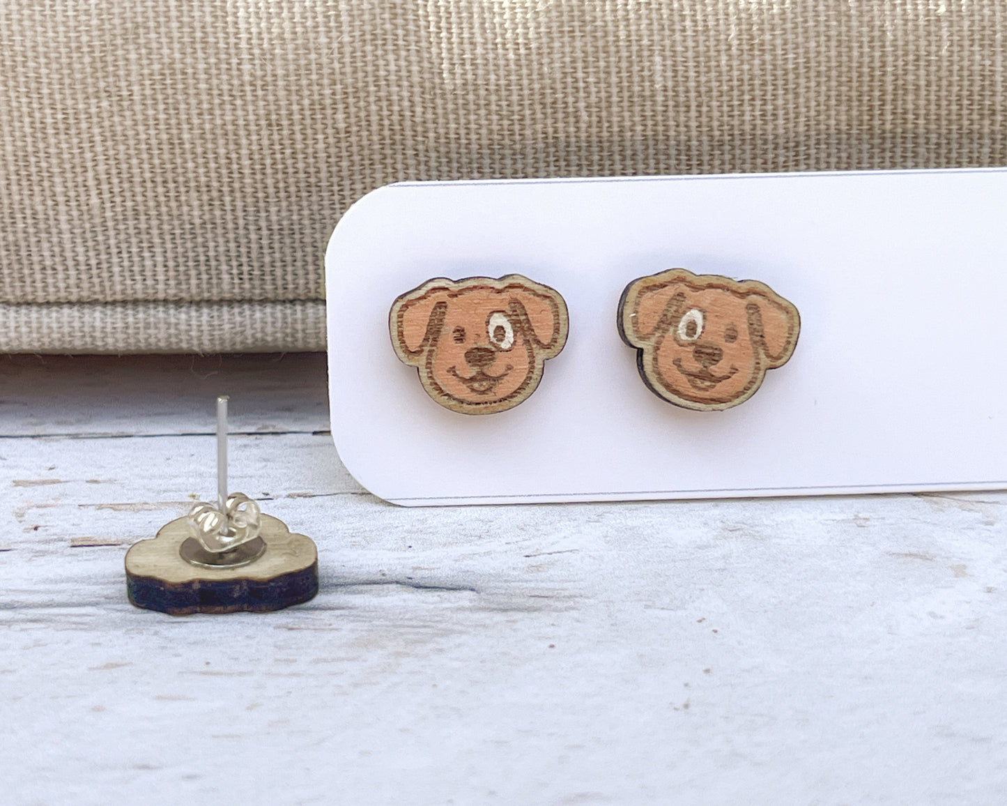 Smiling Dog Studs — Hand-Painted Wooden Earrings
