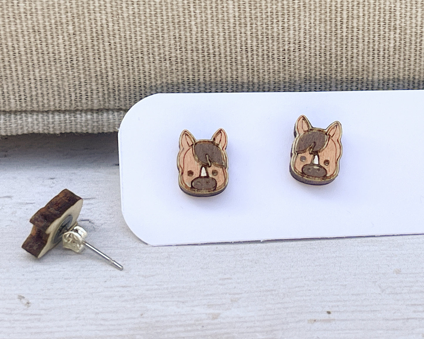 Tiny Horse Stud Earrings — Handmade Laser Cut Plywood, Gift for Horse Lovers