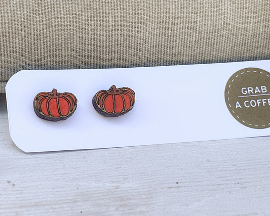 Pumpkin Stud Earrings — Handmade Laser Cut Plywood, Autumn Halloween Jewellery