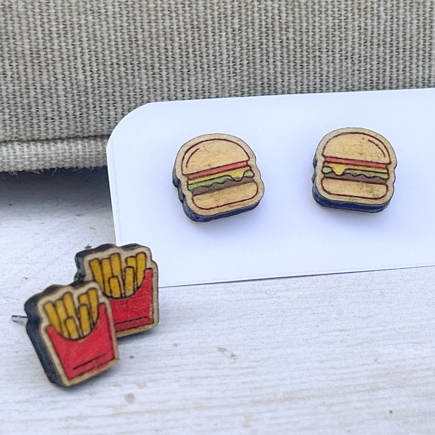 Hamburger Studs — Hand-Painted Wooden Earrings