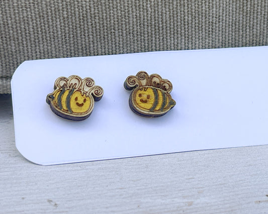 Bee Stud Earrings — Handmade Laser Cut Plywood, Cute Bee Lover Gift