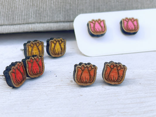Tulip Stud Earrings — Handmade Laser Cut Plywood, Red Pink or Orange, Spring Floral Jewellery