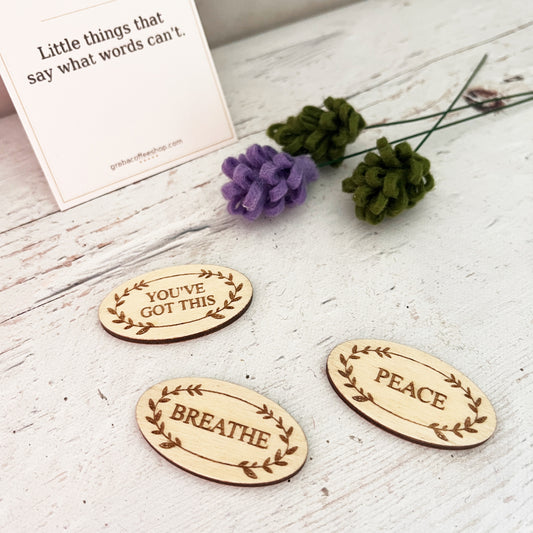 Worry Stone — Engraved Wooden Token | Breathe / Peace / You've Got This
