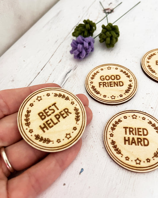 Kids Achievement Coin — Engraved Wooden Reward Token