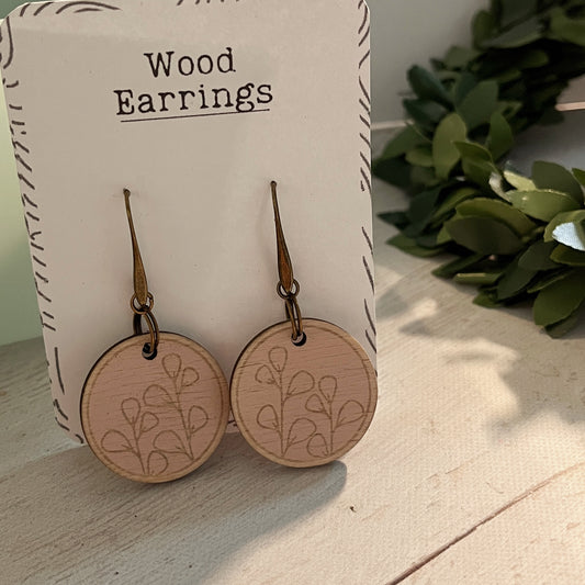 Light Pink Wooden Dangle Earrings – Leaf Engraved Circle Earrings – Laser Cut Birch Jewelry with Antiqued Bronze – Lightweight Boho Gift