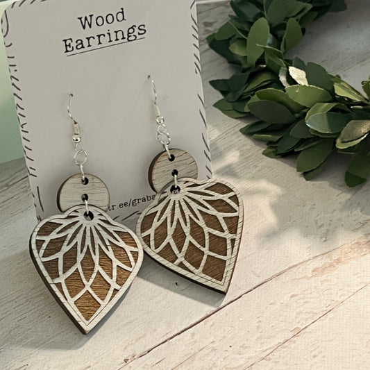 White & Brown Mandala Earrings – Long Wooden Engraved Earrings – Aged Look Boho Jewelry – Lightweight Silver Hook Earrings