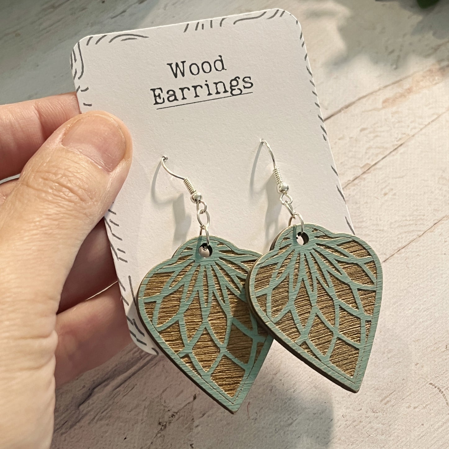 Turquoise & Brown Mandala Earrings – Engraved Wooden Dangle Jewelry – Boho Lightweight Earrings – Rustic Silver Hook Earrings