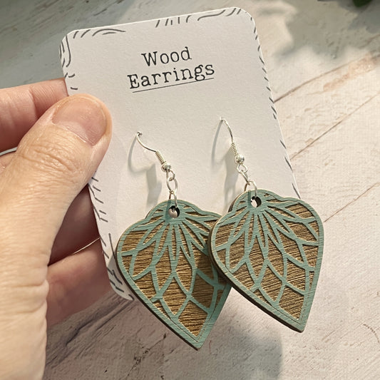 Turquoise & Brown Mandala Earrings – Engraved Wooden Dangle Jewelry – Boho Lightweight Earrings – Rustic Silver Hook Earrings