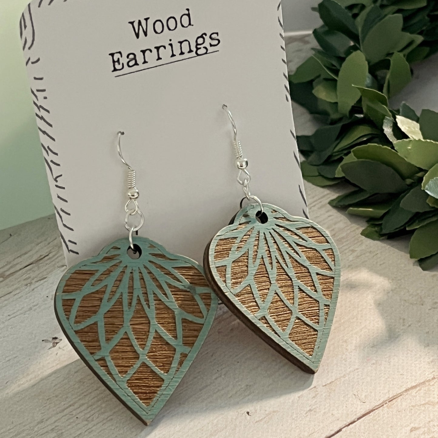 Turquoise & Brown Mandala Earrings – Engraved Wooden Dangle Jewelry – Boho Lightweight Earrings – Rustic Silver Hook Earrings