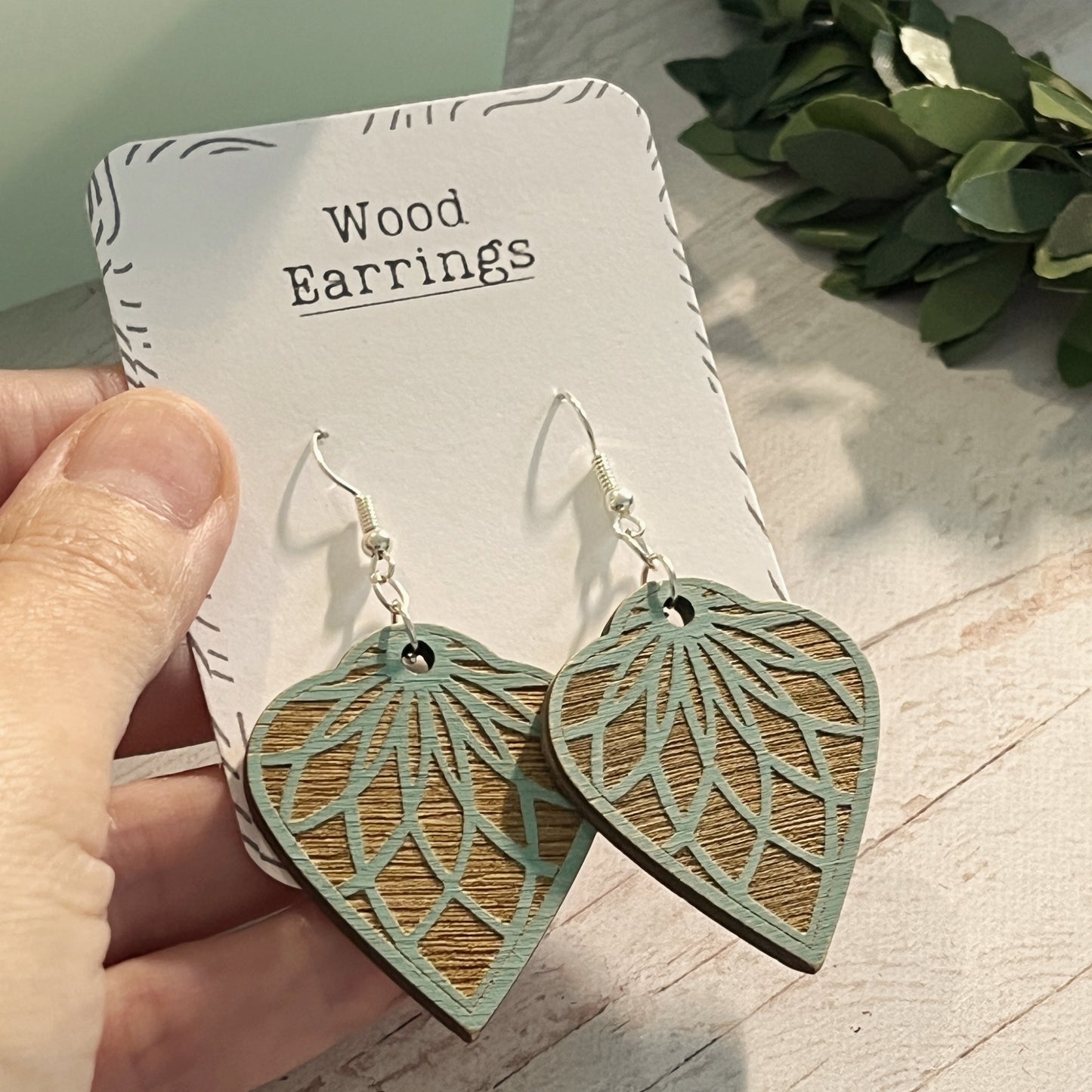 Turquoise & Brown Mandala Earrings – Engraved Wooden Dangle Jewelry – Boho Lightweight Earrings – Rustic Silver Hook Earrings