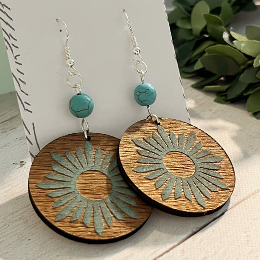 Sunshine Design Earrings – Turquoise & Brown Wooden Circles – Engraved Boho Earrings – Aged Look Dangle Jewelry