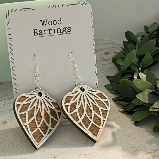 White & Brown Mandala Earrings – Wooden Engraved Earrings – Aged Look Boho Jewelry – Lightweight Silver Hook Earrings
