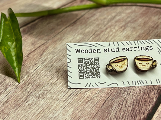 Handpainted Wooden Smiling Coffee Cup Stud Earrings