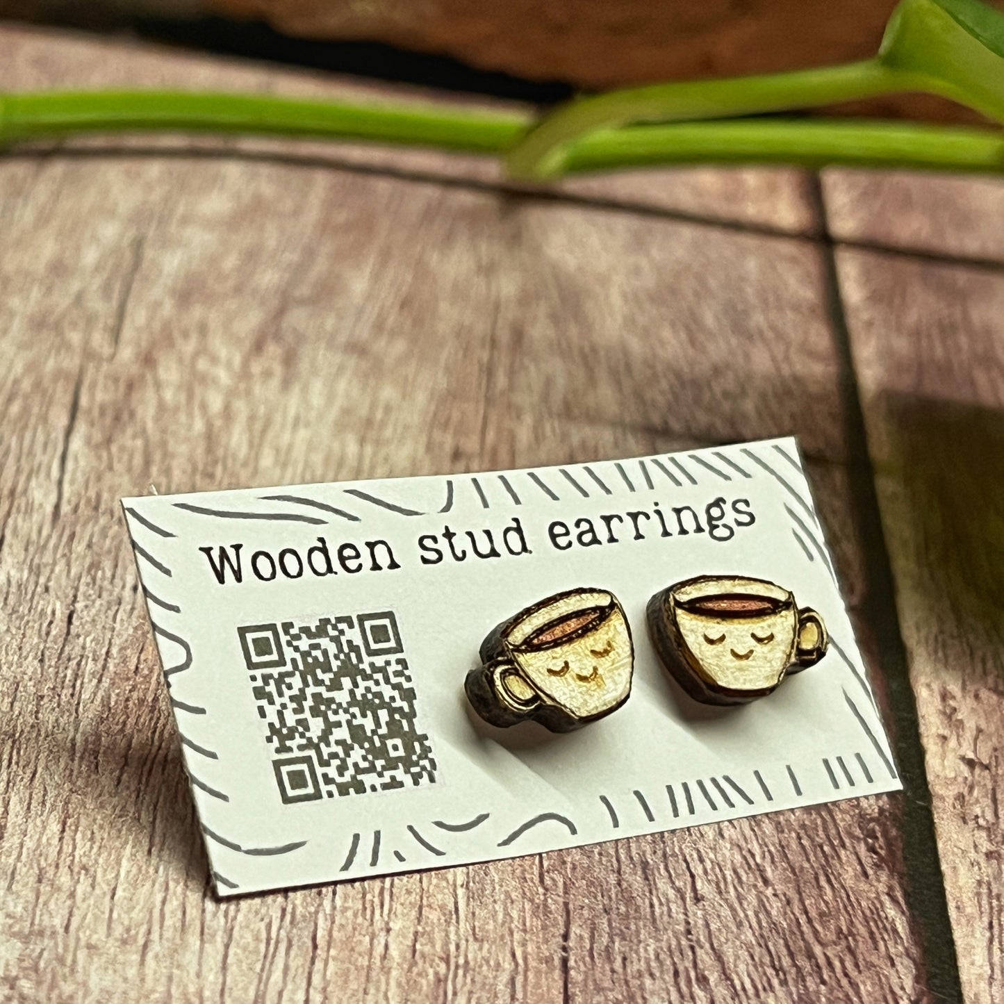 Hand Painted Wooden Smiling Coffee Cup Stud Earrings — Happy Face Earrings — Cute Handmade Gift