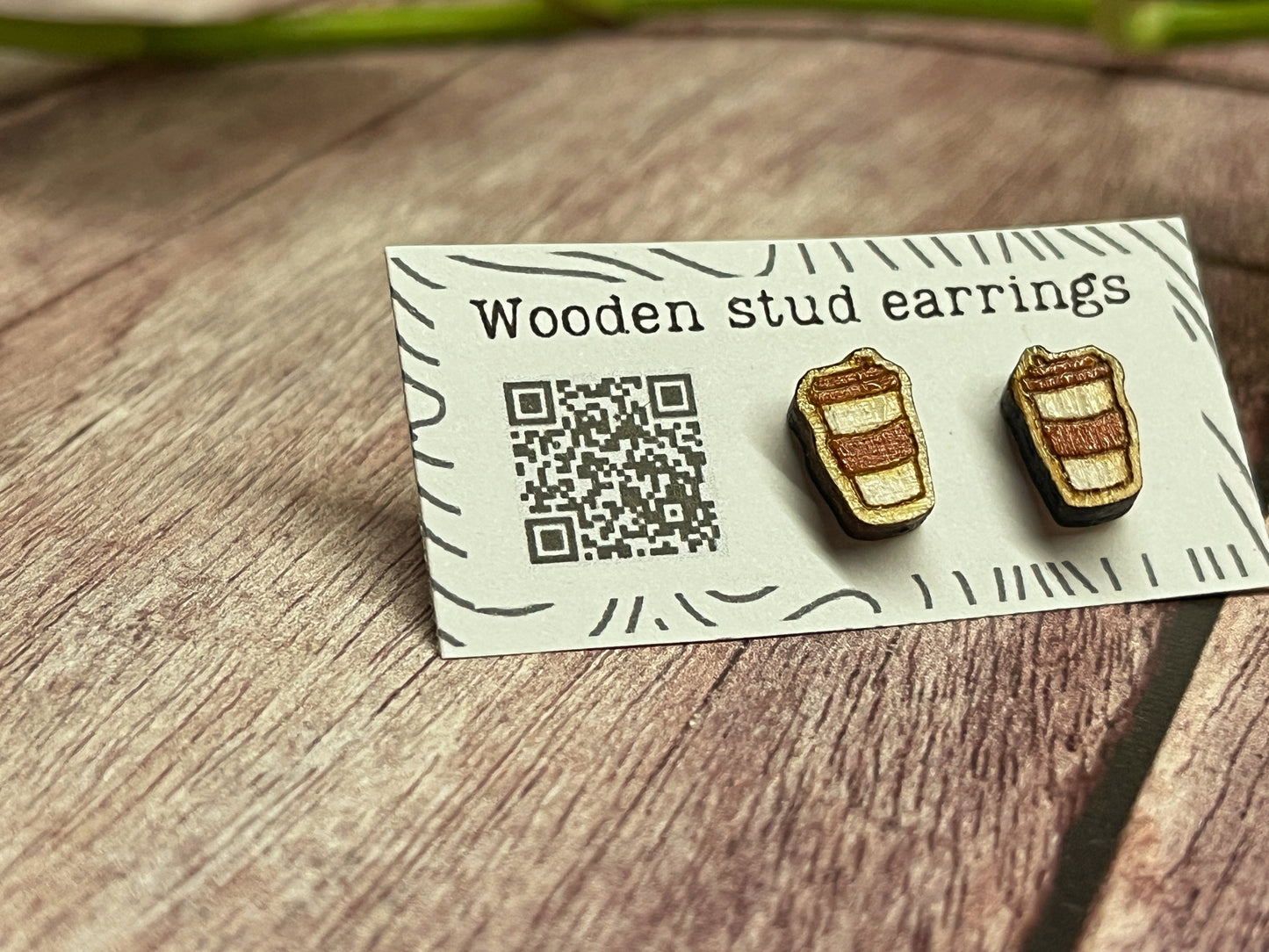 Hand Painted Wooden Coffee Cup Stud Earrings — Mini To-Go Cup — Handmade Gift for Coffee Lovers