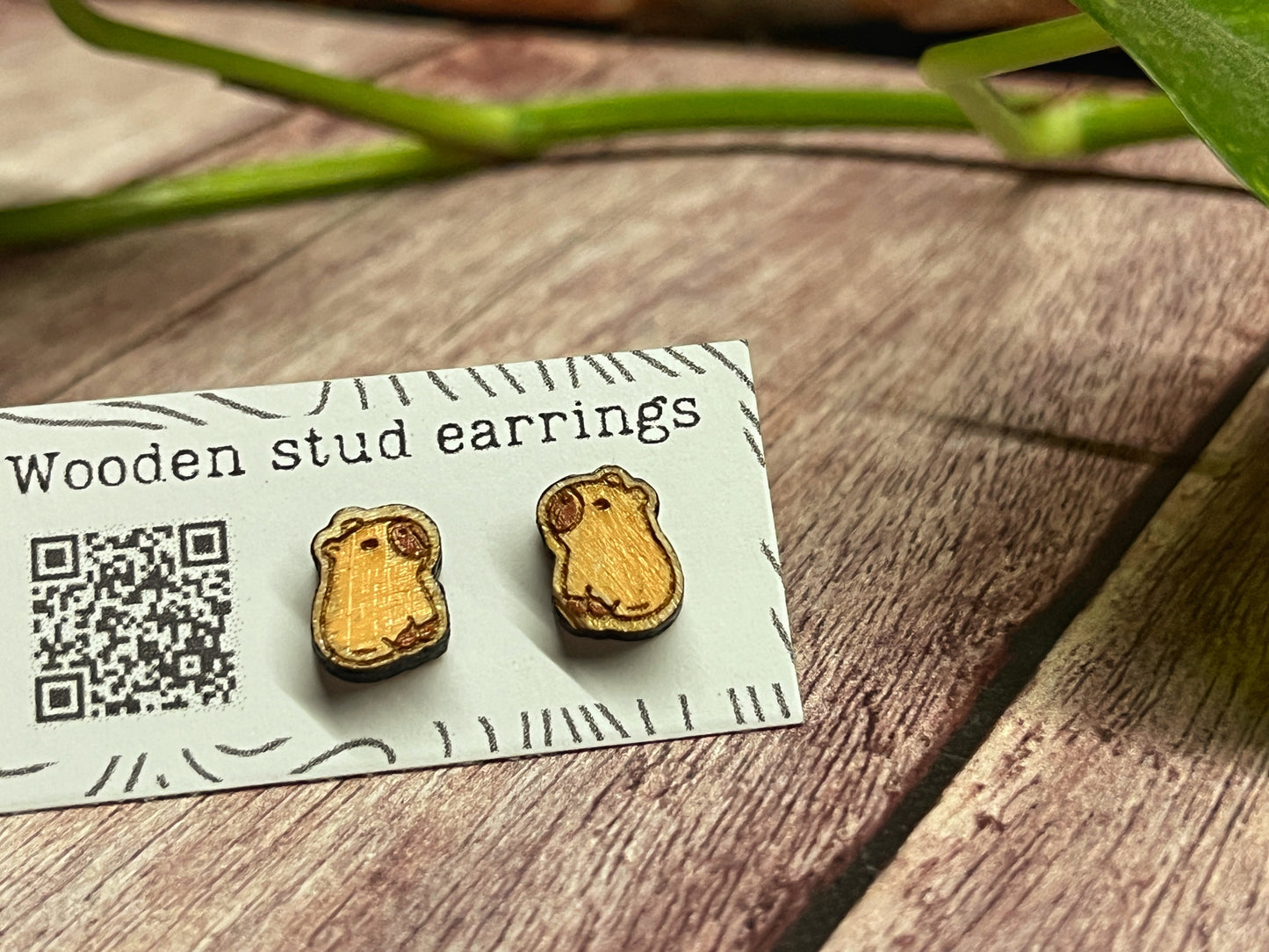 Hand Painted Wooden Stud Earrings — Capybara — Lightweight Hypoallergenic Gift