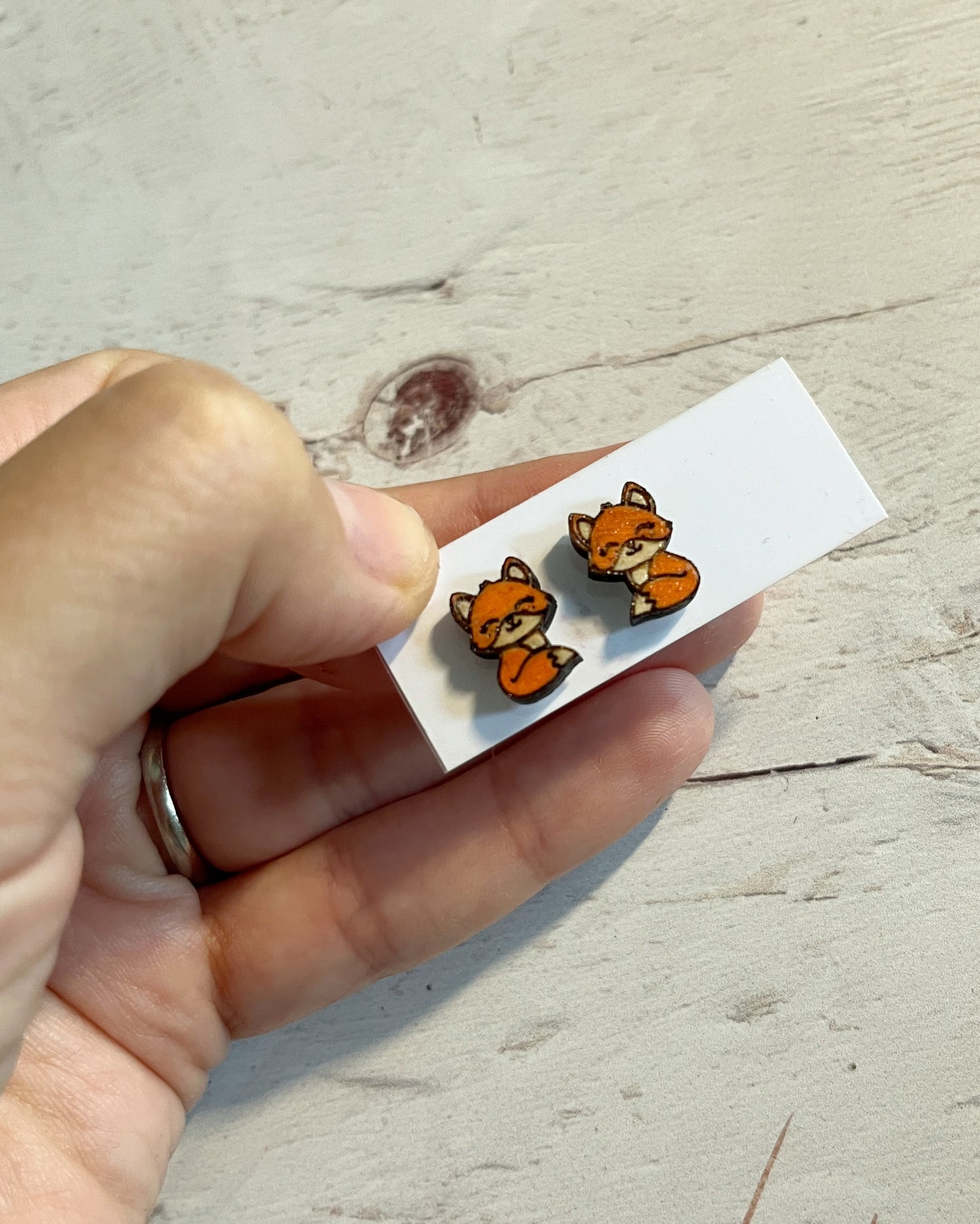 Hand Painted Wooden Fox Stud Earrings — Woodland Animal Jewellery — Handmade Gift for Nature Lovers