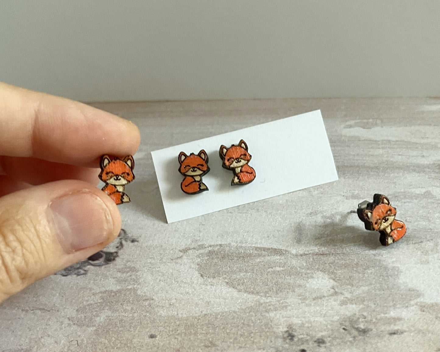 Whimsical Tiny Fox Stud Earrings – Handcrafted Wooden Jewelry