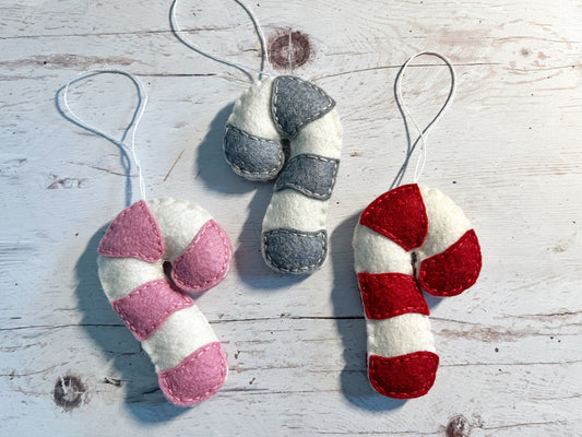 Handmade Felt Candy Cane Ornament - Christmas Ornament - Red, Pink, Grey Felt Candy Canes - Holiday Tree Decor