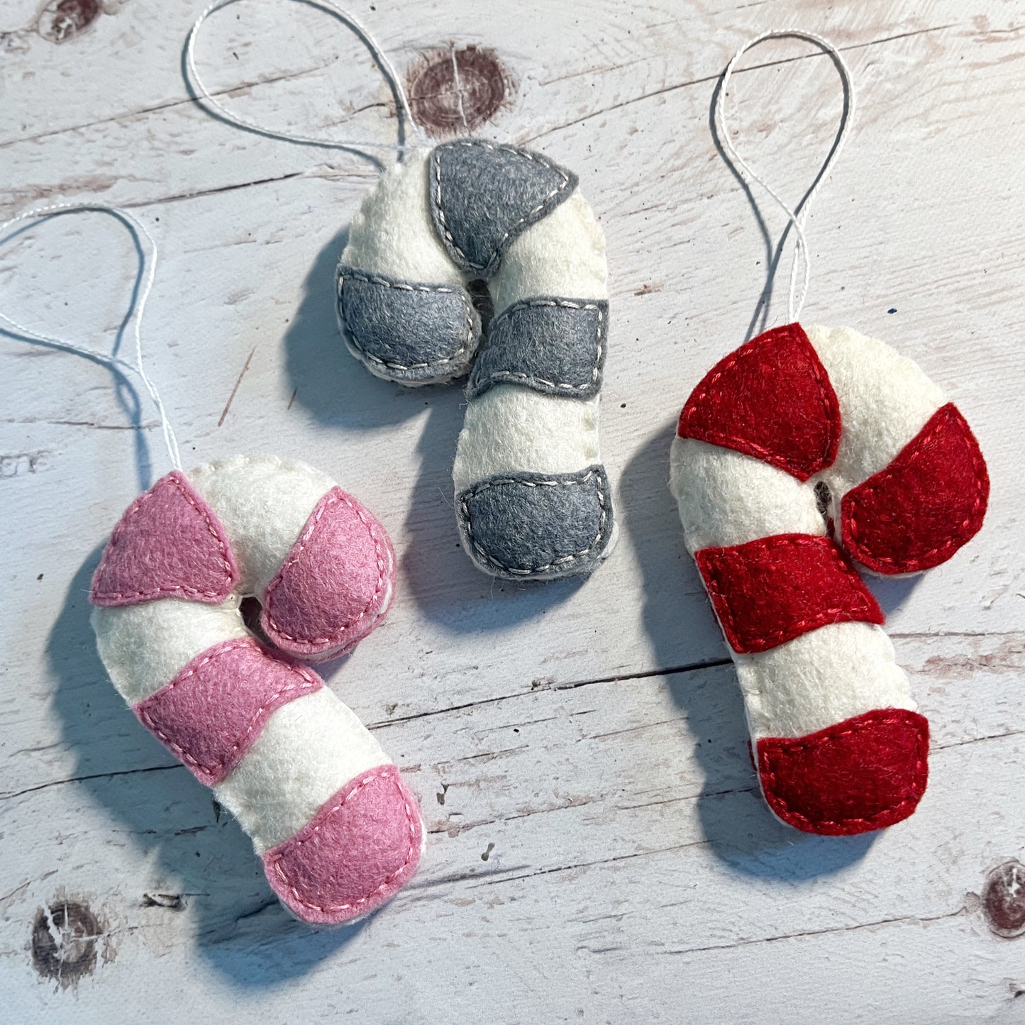 Handmade Felt Candy Cane Ornament - Christmas Ornament - Red, Pink, Grey Felt Candy Canes - Holiday Tree Decor