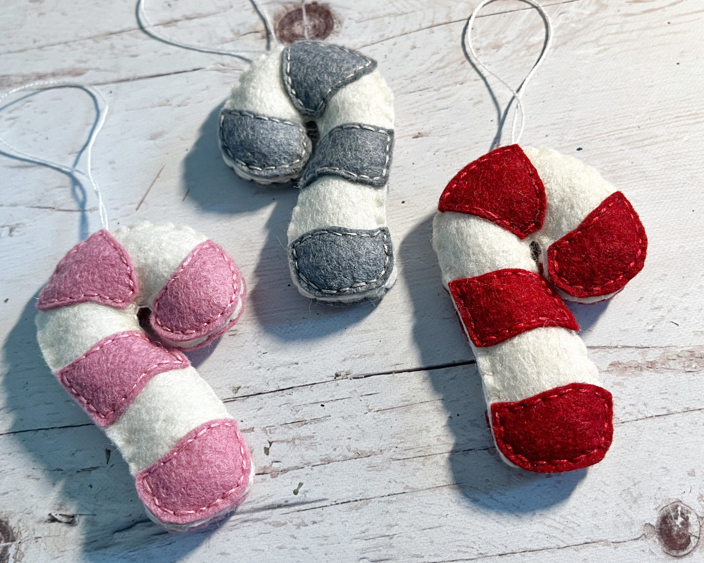 Handmade Felt Candy Cane Ornament - Christmas Ornament - Red, Pink, Grey Felt Candy Canes - Holiday Tree Decor