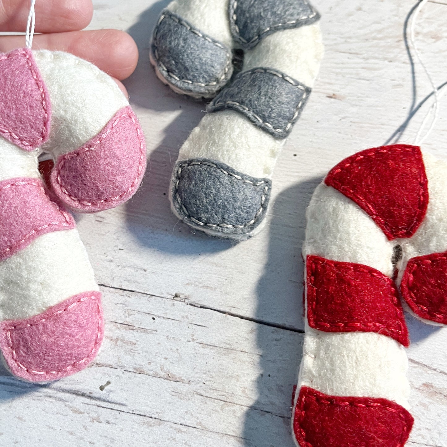 Handmade Felt Candy Cane Ornament - Christmas Ornament - Red, Pink, Grey Felt Candy Canes - Holiday Tree Decor