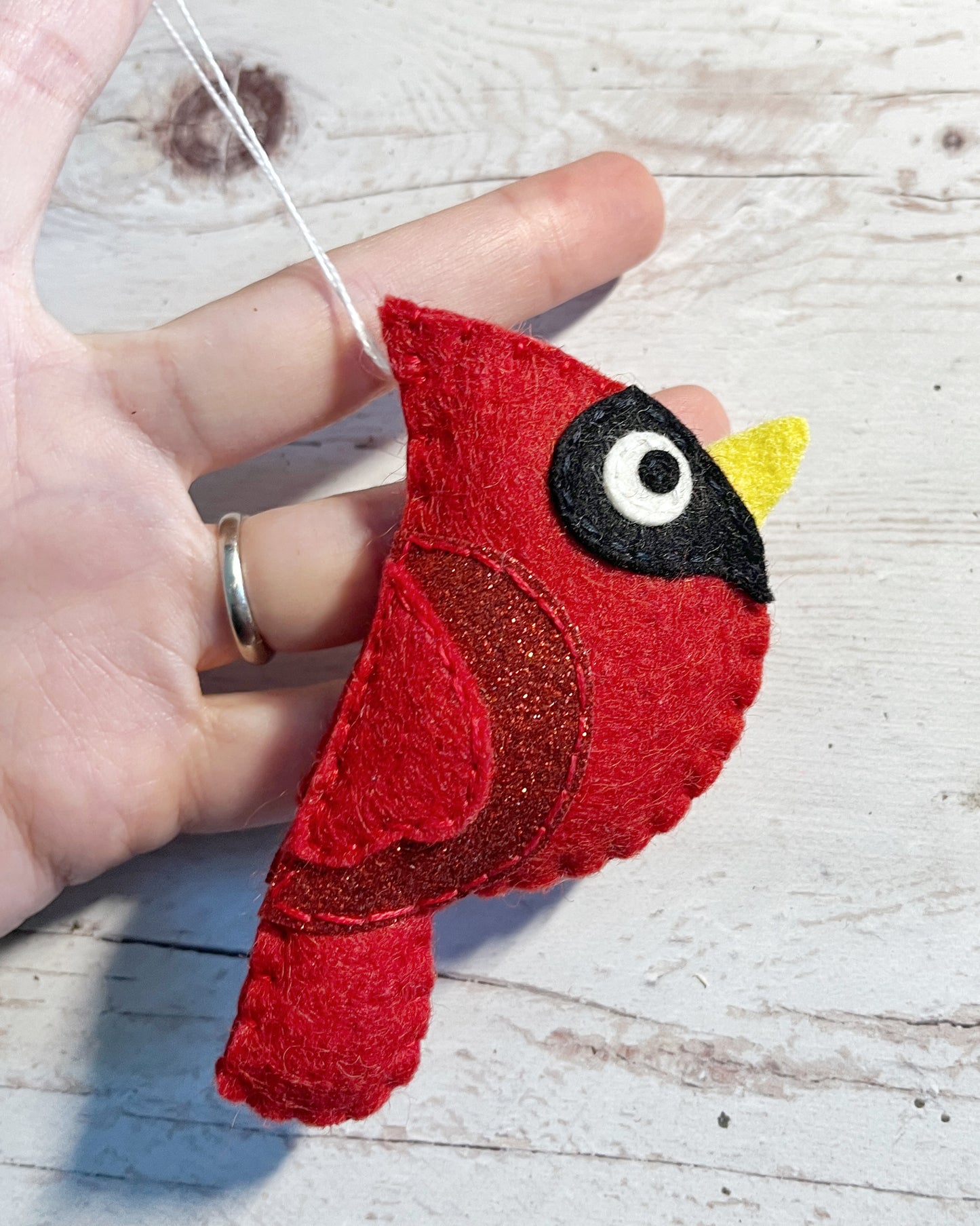Handmade Felt Cardinal Ornament - Red Glitter Wing Bird Decoration - Christmas Tree Ornament - Winter Decor