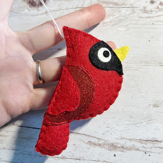 Handmade Felt Cardinal Ornament - Red Glitter Wing Bird Decoration - Christmas Tree Ornament - Winter Decor