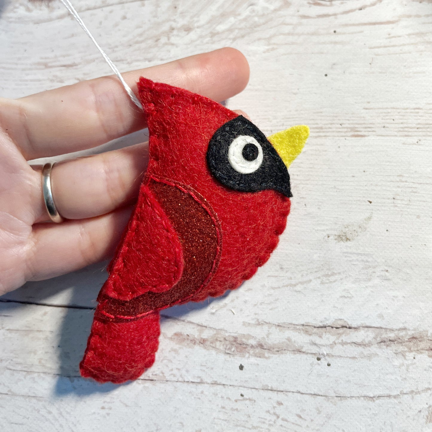 Handmade Felt Cardinal Ornament - Red Glitter Wing Bird Decoration - Christmas Tree Ornament - Winter Decor