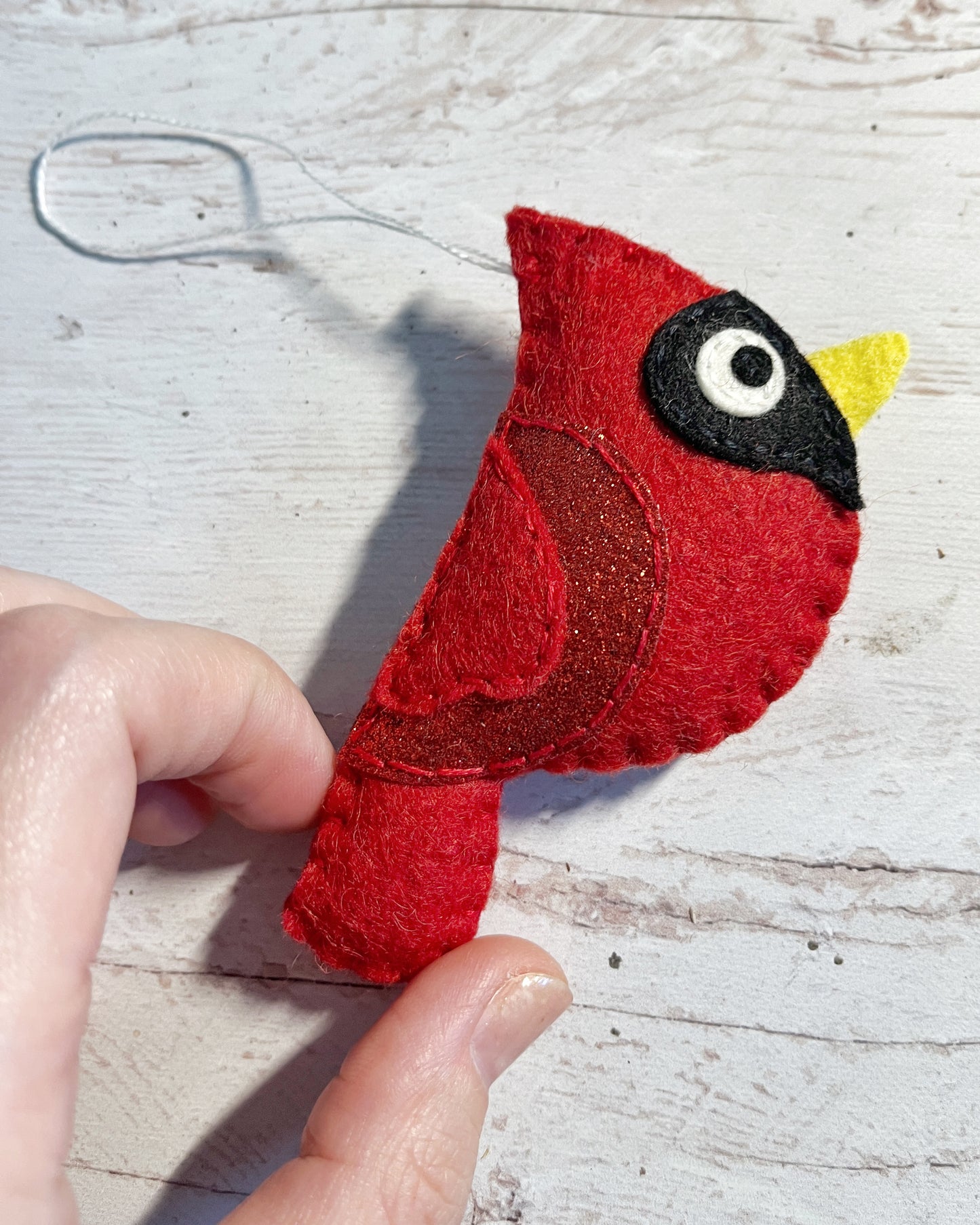 Handmade Felt Cardinal Ornament - Red Glitter Wing Bird Decoration - Christmas Tree Ornament - Winter Decor