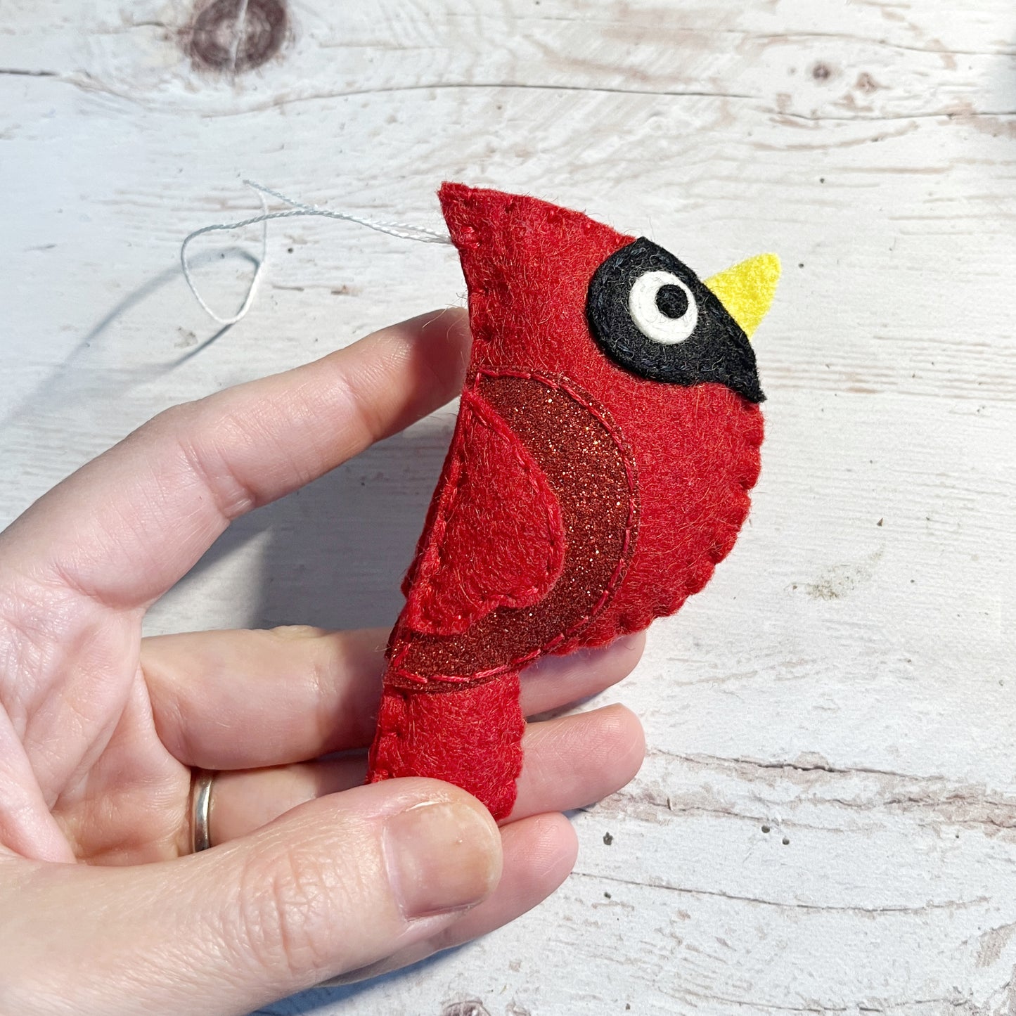 Handmade Felt Cardinal Ornament - Red Glitter Wing Bird Decoration - Christmas Tree Ornament - Winter Decor