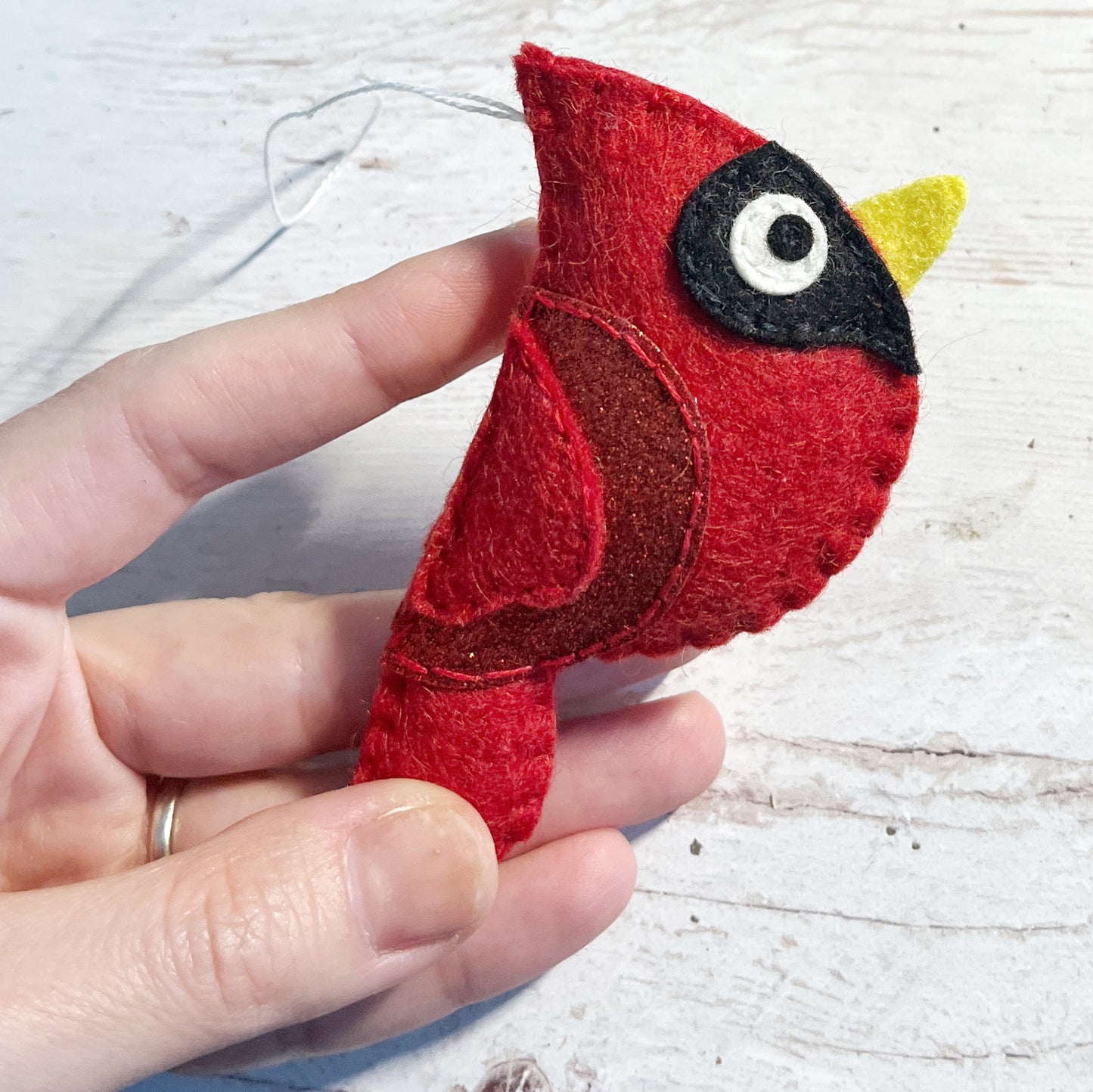 Handmade Felt Cardinal Ornament - Red Glitter Wing Bird Decoration - Christmas Tree Ornament - Winter Decor
