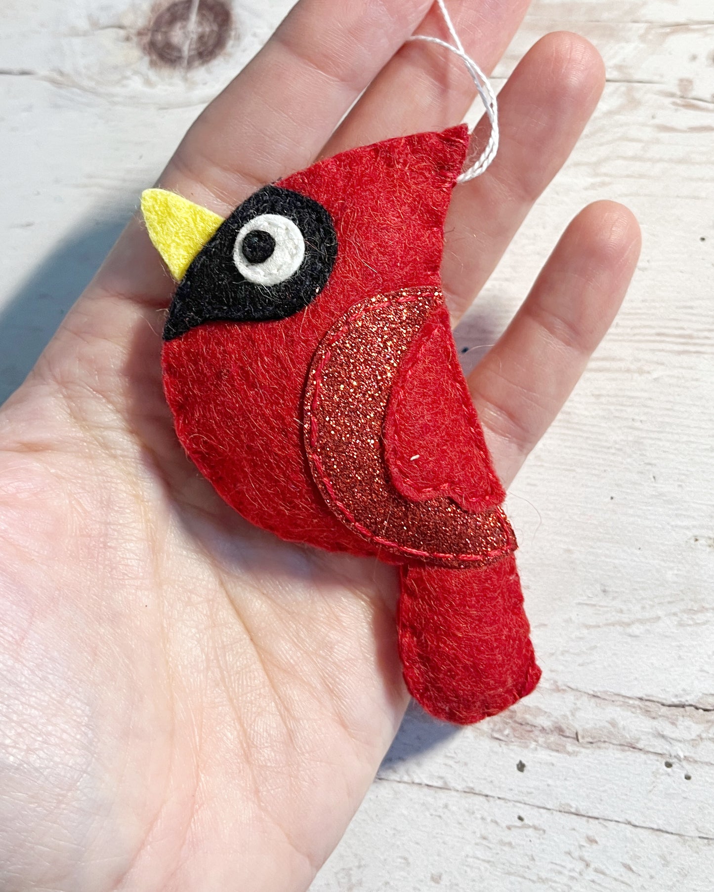 Handmade Felt Cardinal Ornament - Red Glitter Wing Bird Decoration - Christmas Tree Ornament - Winter Decor