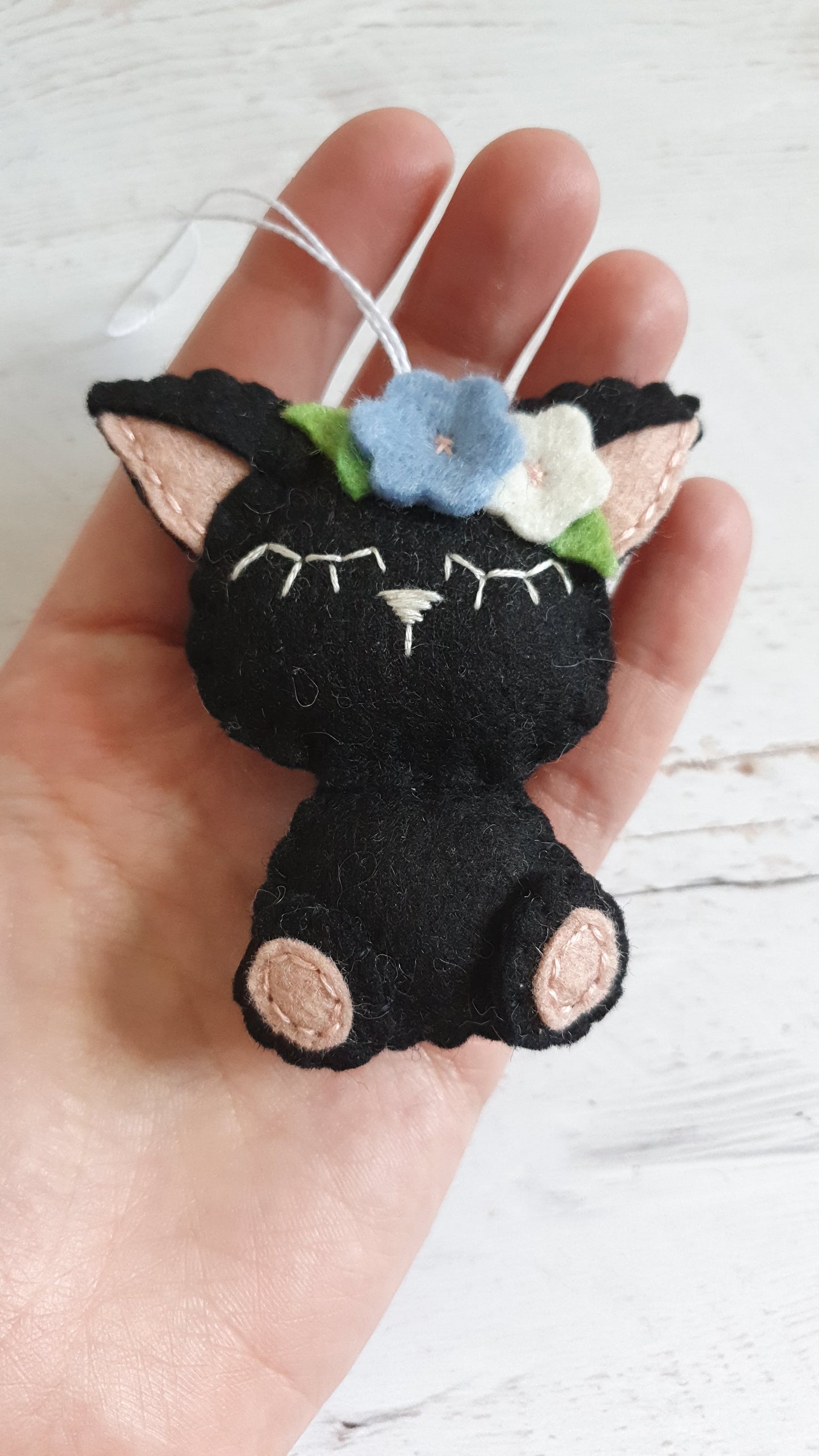 Black cat ornament, felt kitty decoration, wool cat ornament