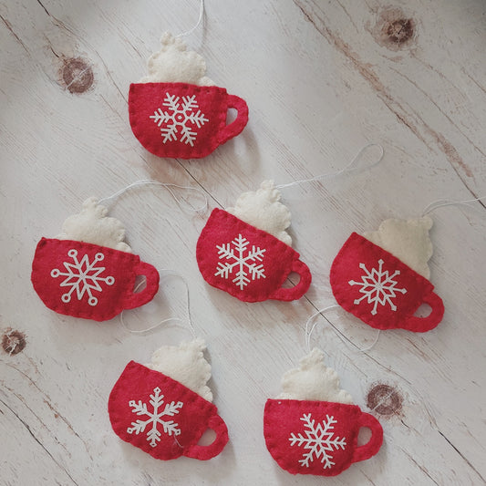 Felt coffee cups with snowflakes - SET OF 6 or individual items, home decoration