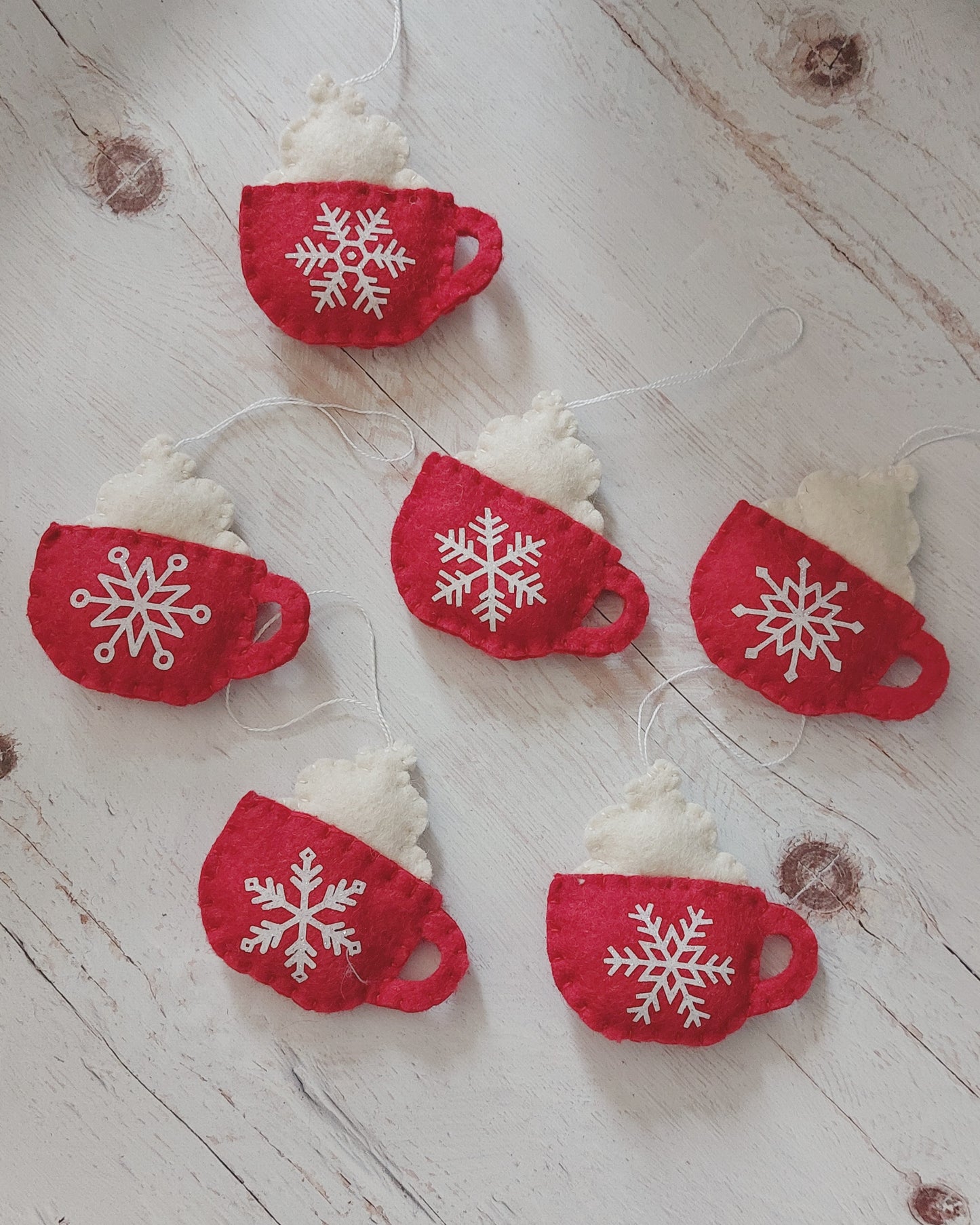 Felt coffee cups with snowflakes - SET OF 6 or individual items, home decoration